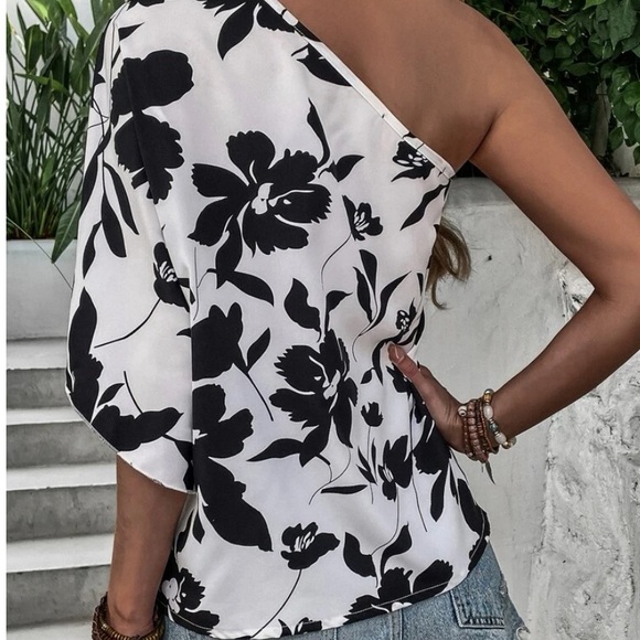 NEW BLACK WHITE FLORAL ONE SHOULDER TOP - Picture 3 of 6